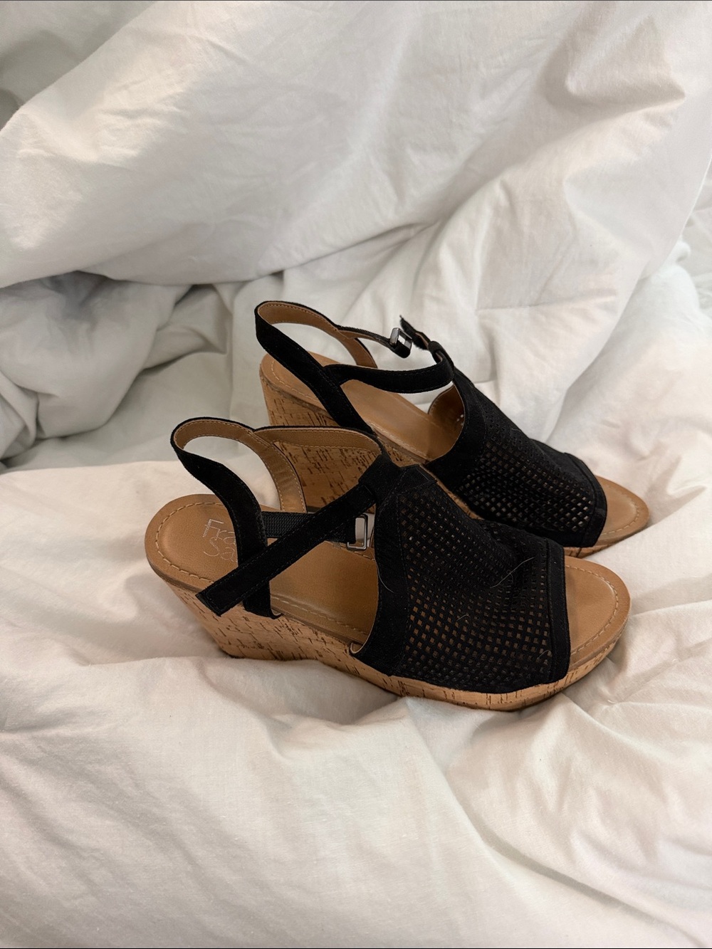 Franco Sarto Black Suede Open-Toe Wedge Sandals with Ankle Tie - Picture 3 of 6